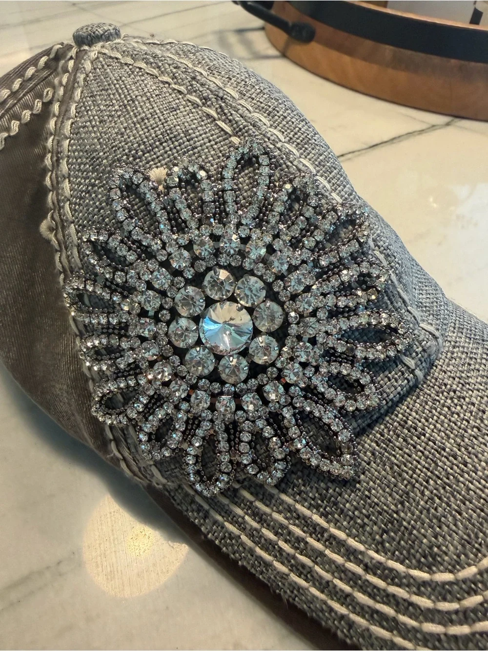 Embellished Gray Baseball Cap with Crystal Flower Accent